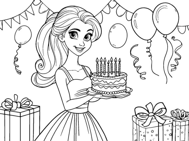 Dibujo De Cumpleaños Barbie Para Colorear