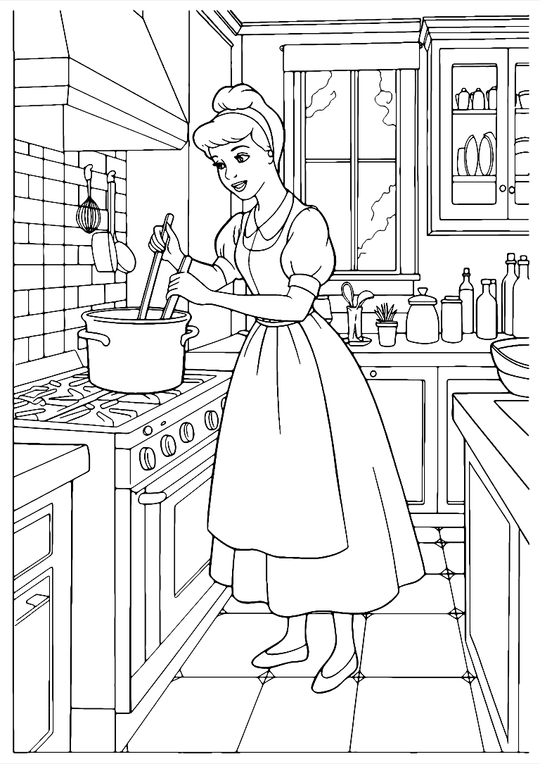 Desenho De Cinderela Cozinhando Para Colorir