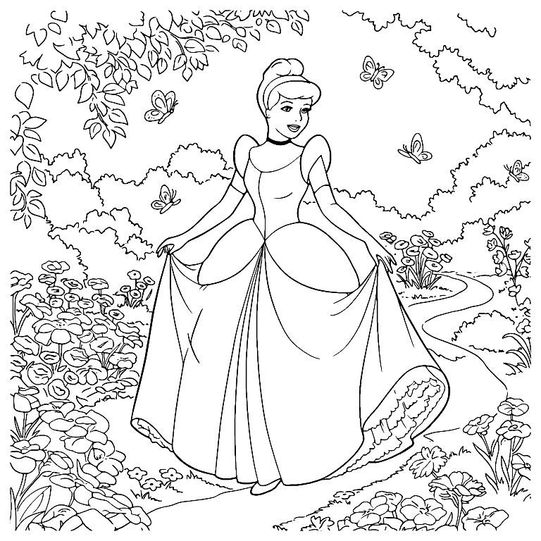 Desenho De Cinderela Em Um Jardim Para Colorir