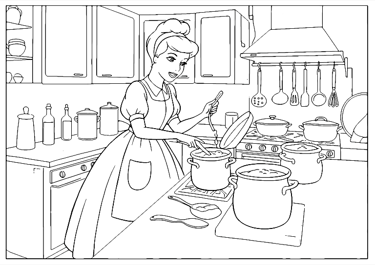 Gambar Mewarnai Cinderella Memasak Makan Malam