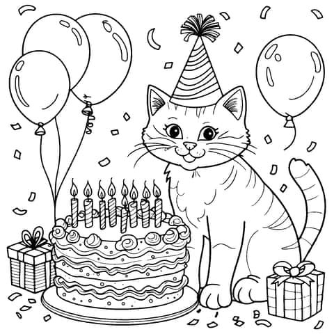 かわいい誕生日猫 Coloring Page