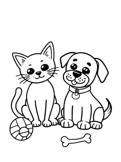 søt katt og hund Coloring Page