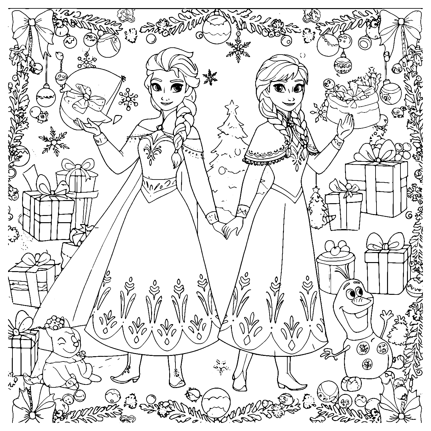 Elsa And Anna Christmas Coloring Page