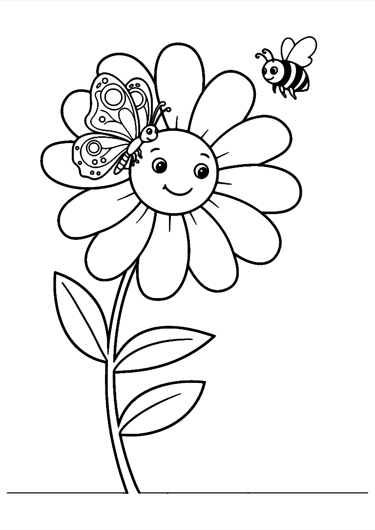 Flower With Butterfly And Bee Coloring Page