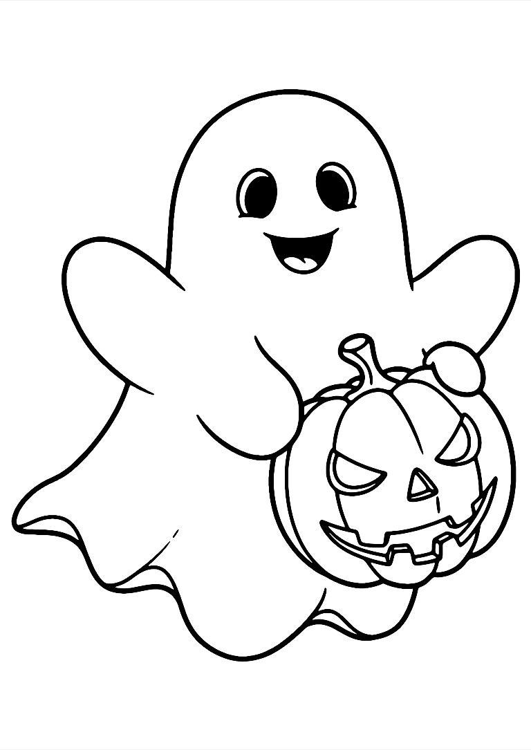 Halloween Ghost With Pumpkin Coloring Page