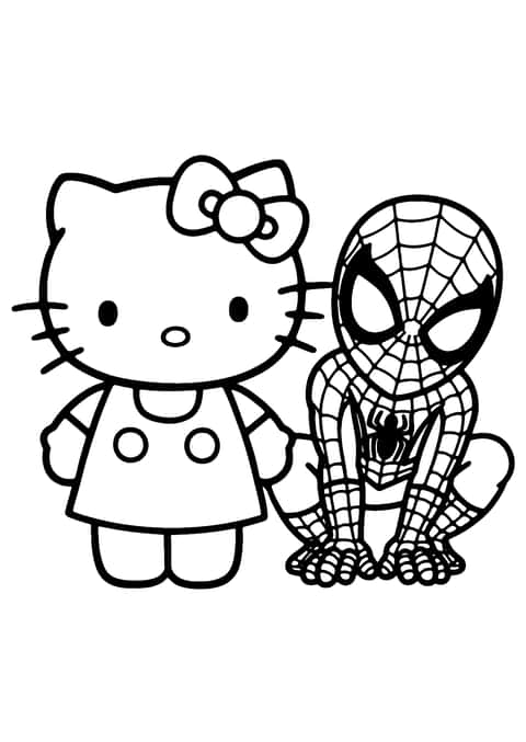 ハローキティとスパイダーマン Coloring Page