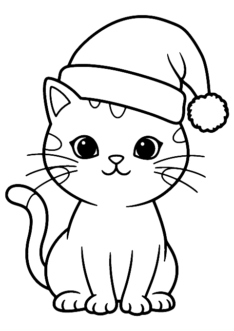 cat with santa hat Coloring Page