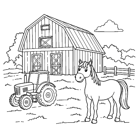 pferd bauernhof und traktor Coloring Page