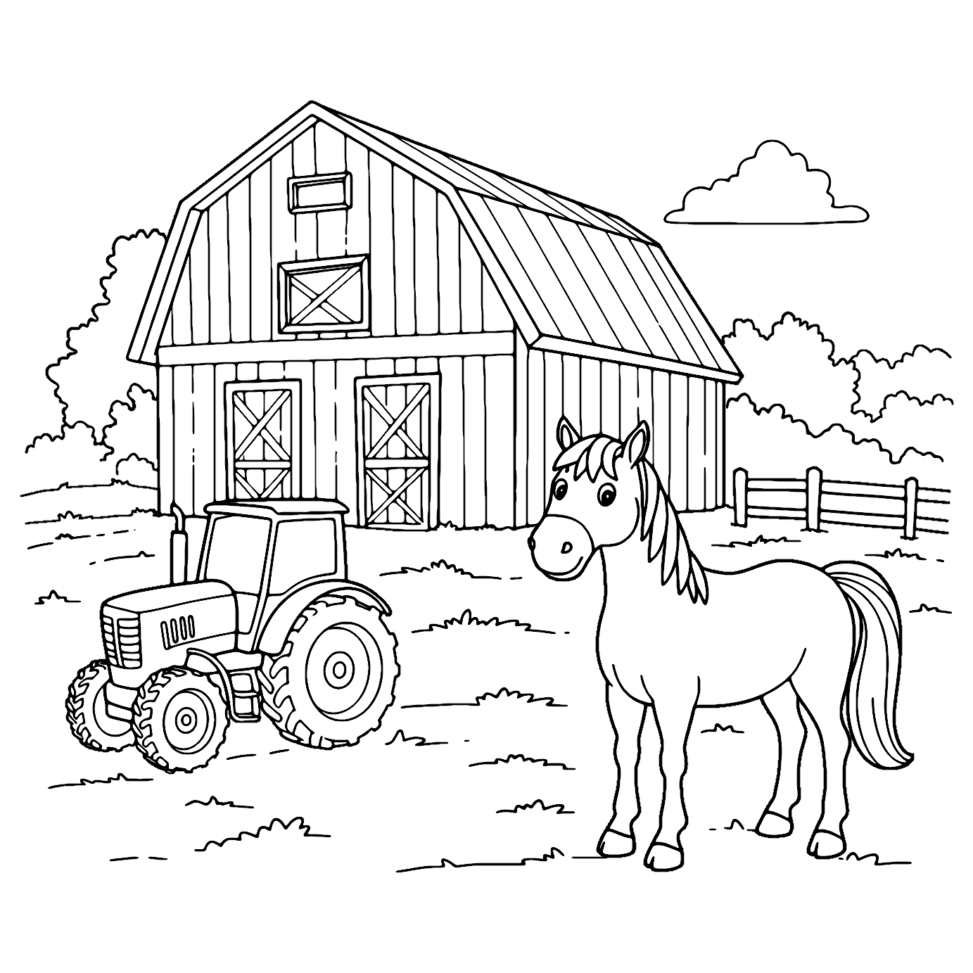 Horse Farm And Tractor Coloring Page