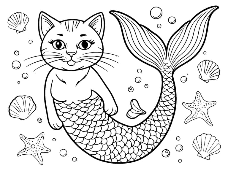 Dibujo De Gato Sirena Para Colorear