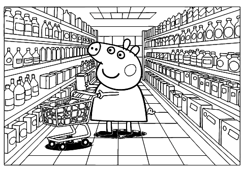 peppa pig at supermarket Coloring Page