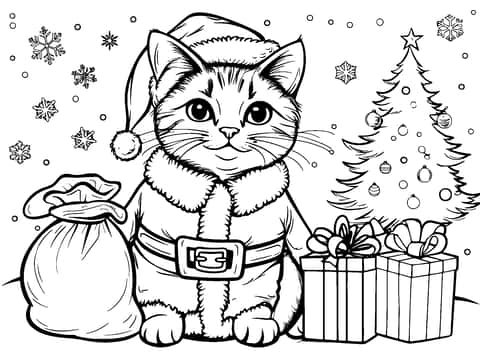 santa cat Coloring Page