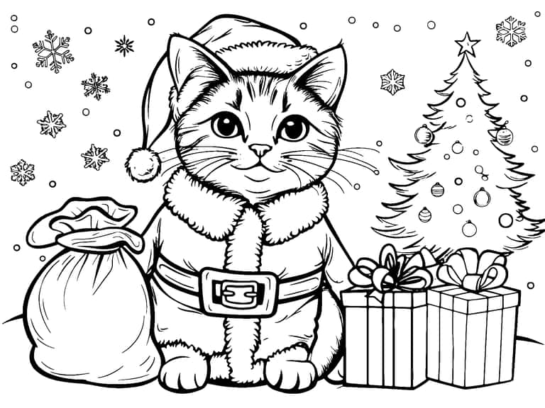 Coloriage Chat Père Noël