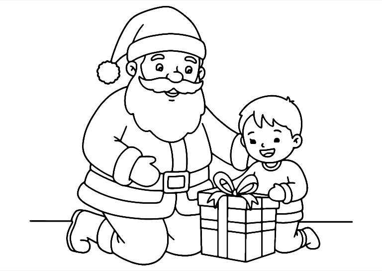 Santa And A Kid Coloring Page