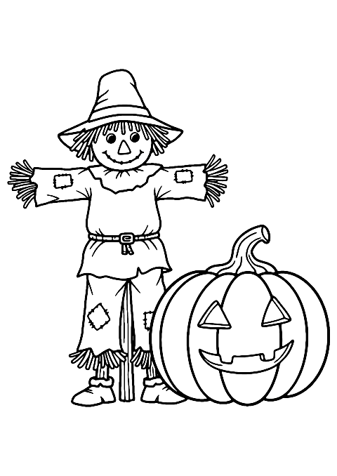 Scarecrow and Pumpkin Coloring Page