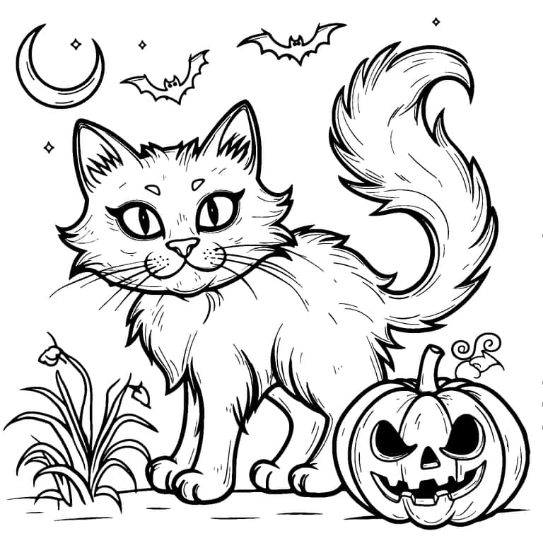 Gruselige Katze Halloween Ausmalbild