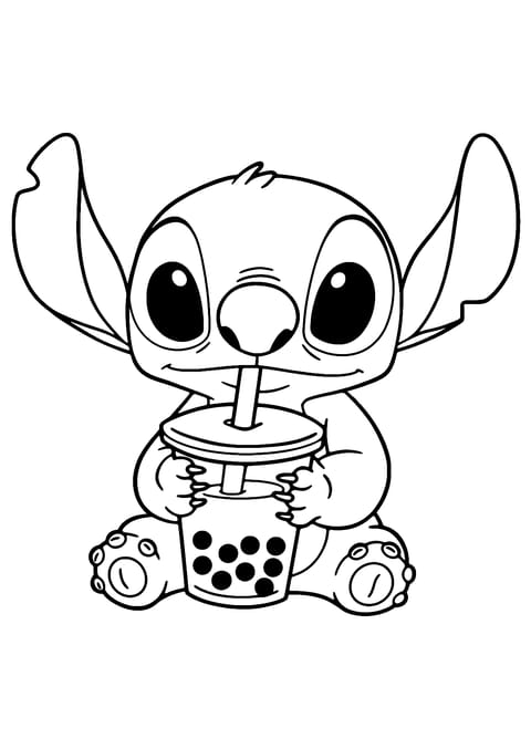 stitch drinking boba Coloring Page