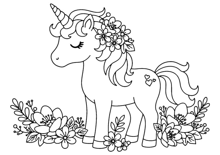 Unicorn Flowers Coloring Page