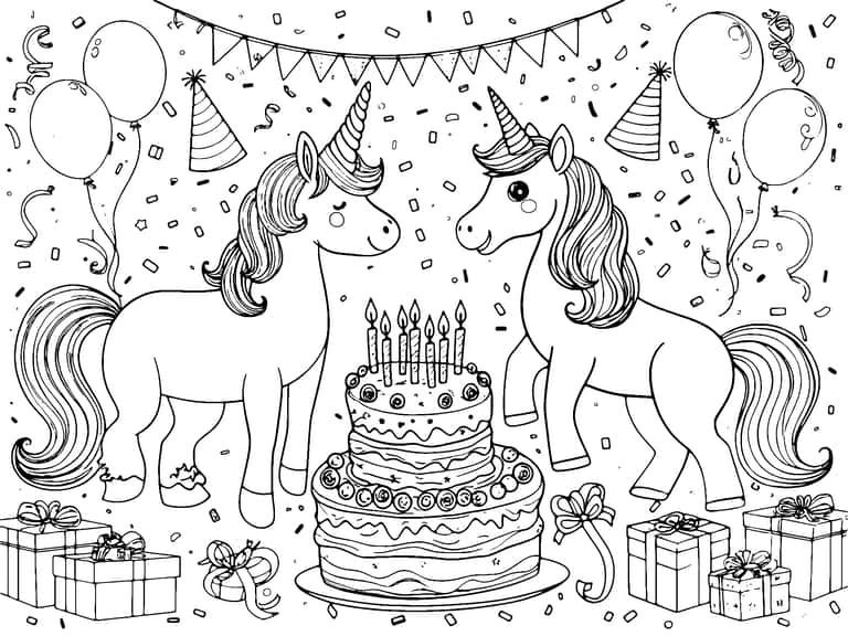 Unicorn Party Coloring Page